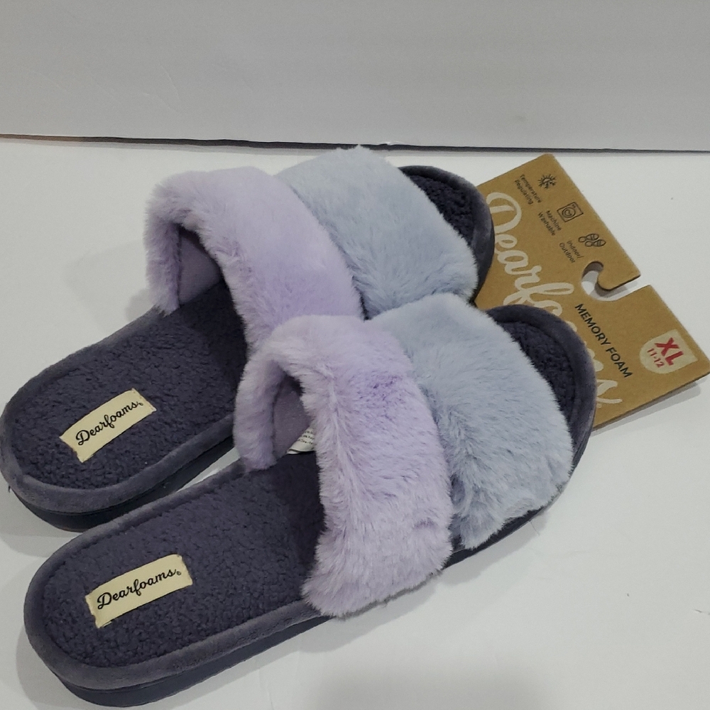 Dearfoams faux fur sapphire graystone colorblock memory foam slippers size XL